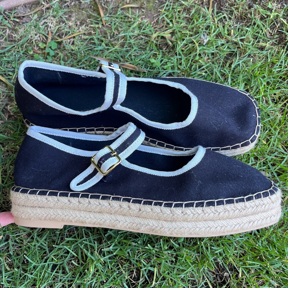 Mary Jane Espadrilles • square toe black white contrast piping • cotton flats